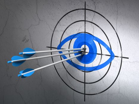 Success privacy concept: arrows hitting the center of Blue Eye target on wall background, 3d render