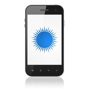 Travel concept: smartphone with Sun icon on display. Mobile smart phone on White background, cell phone 3d render