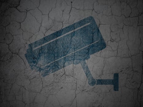 Privacy concept: Blue Cctv Camera on grunge textured concrete wall background, 3d render