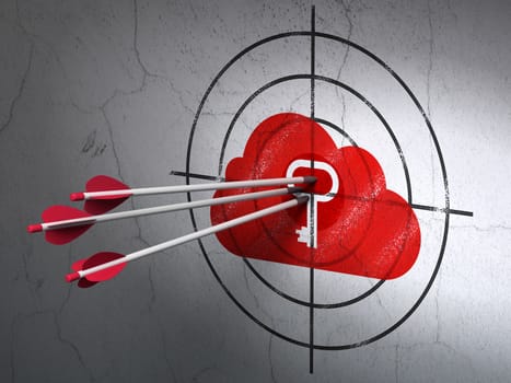 Success cloud computing concept: arrows hitting the center of Red Cloud With Key target on wall background, 3d render