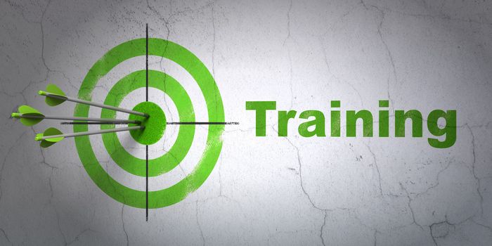 Success Education concept: arrows hitting the center of target, Green Training on wall background, 3d render