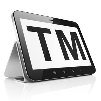 Law concept: black tablet pc computer with Trademark icon on display. Modern portable touch pad on White background, 3d render