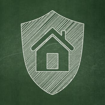 Finance concept: Shield icon on Green chalkboard background, 3d render