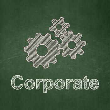 Business concept: Gears icon and text Corporate on Green chalkboard background, 3d render