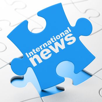 News concept: International News on Blue puzzle pieces background, 3d render