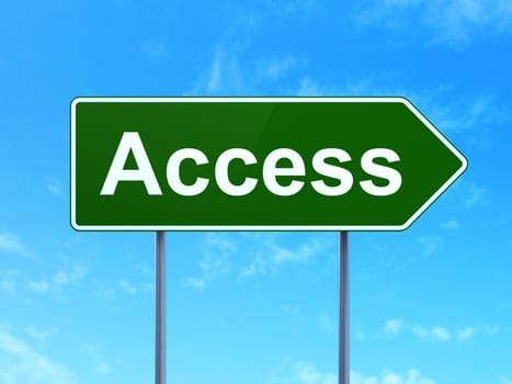 Protection concept: Access on green road (highway) sign, clear blue sky background, 3d render