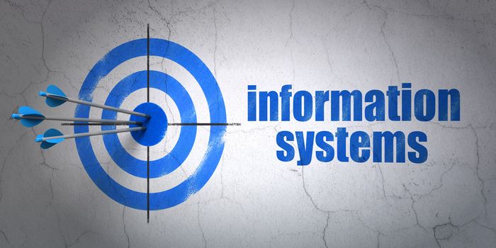 Success Information concept: arrows hitting the center of target, Blue Information Systems on wall background, 3d render