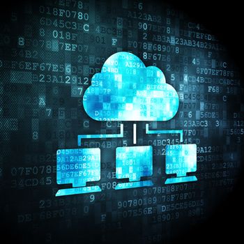 Cloud computing concept: pixelated Cloud Network icon on digital background, 3d render