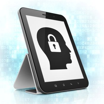 Business concept: black tablet pc computer with Head With Padlock icon on display. Modern portable touch pad on Blue Digital background, 3d render