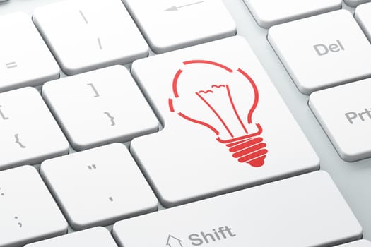 Finance concept: Enter button with Light Bulb on computer keyboard background, 3d render
