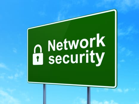 Protection concept: Network Security and Closed Padlock icon on green road (highway) sign, clear blue sky background, 3d render