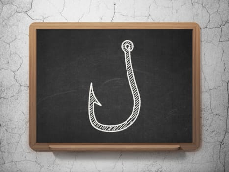 Privacy concept: Fishing Hook icon on Black chalkboard on grunge wall background, 3d render