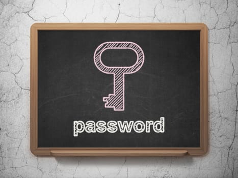 Privacy concept: Key icon and text Password on Black chalkboard on grunge wall background, 3d render