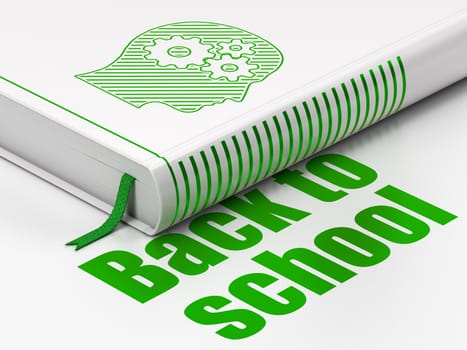 Education concept: closed book with Green Head With Gears icon and text Back to School on floor, white background, 3d render