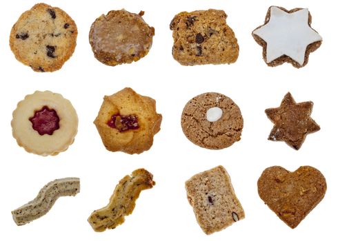 Collage of various types of biscuits isolated against a white background