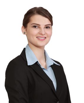 Portrait of a young smiling businesswoman isolated against a white background.