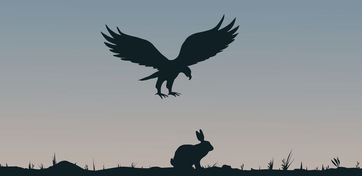 Illustration of a bird of prey and a rabbit  silhouettes