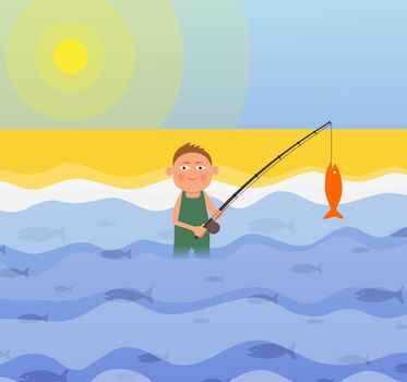 Illustration of a person standing in the sea fishing.