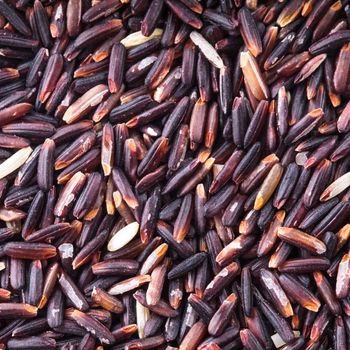 Black rice scattered as a background. Food design.