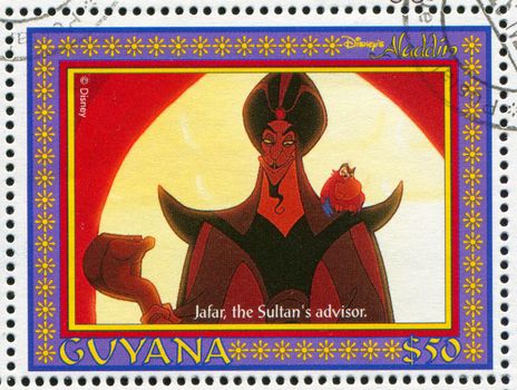 GUYANA - CIRCA 1993: stamp printed by Guyana, shows Aladdin, Disney animated film, Jafar, Grand Vizier, circa 1993