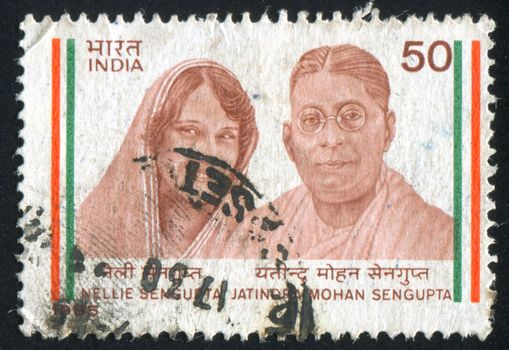 INDIA - CIRCA 1985: stamp printed by India, shows political activists Nellie and Jatindra Mohan Sengupta, circa 1985