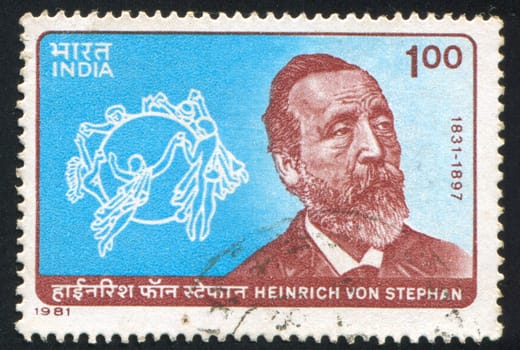 INDIA - CIRCA 1981: stamp printed by India, shows Heinrich von Stephan and UPU Emblem, circa 1981