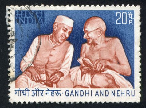 INDIA - CIRCA 1973: stamp printed by India, shows Nehru and Gandhi, circa 1973