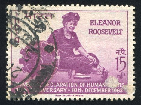 INDIA - CIRCA 1963: stamp printed by India, shows Eleanor Roosevelt at Spinning wheel, circa 1963