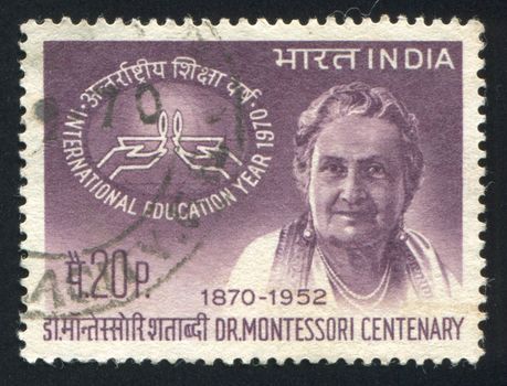 INDIA - CIRCA 1970: stamp printed by India, shows Dr. Maria Montessori and Education Symbol, circa 1970