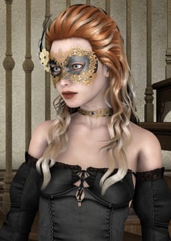 3D digital render of a beautiful woman with masquerade mask on a retro house background