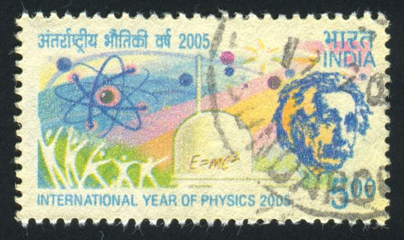 INDIA - CIRCA 2005: stamp printed by India, shows Albert Einstein, Atom sign, human figures, equation, circa 2005