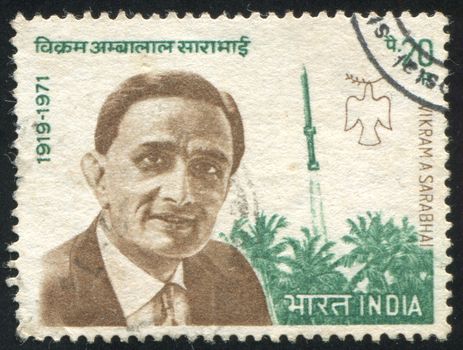 INDIA - CIRCA 1972: stamp printed by India, shows Vikram Ambalal Sarabhai, Rohini Rocket and Dove, circa 1972