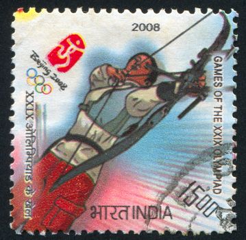 INDIA - CIRCA 2008: stamp printed by India, shows Target archery at Games of the XXIX Olympiad, circa 2008