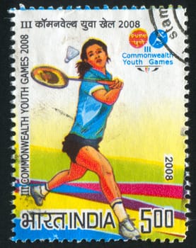 INDIA - CIRCA 2008: stamp printed by India, shows badminton player at III Commonwealth youth games, circa 2008