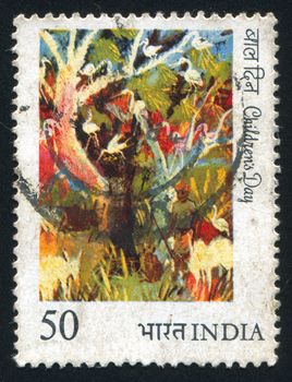INDIA - CIRCA 1984: stamp printed by India, shows painting of birds in trees, circa 1984