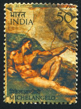 INDIA - CIRCA 1975: stamp printed by India, shows fresco Creation of Adam by Michelangelo, circa 1975