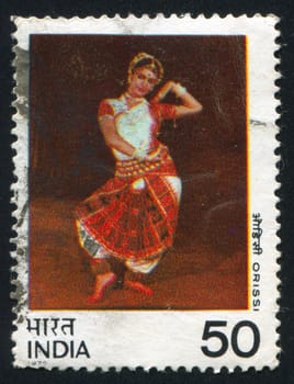 INDIA - CIRCA 1975: stamp printed by India, shows woman dancing Orissi, circa 1975