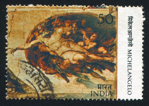INDIA - CIRCA 1975: stamp printed by India, shows fresco Creation of Adam by Michelangelo, circa 1975