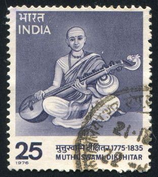 INDIA - CIRCA 1976: stamp printed by India, shows Muthuswami Dikshitar with sitar, circa 1976