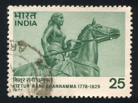 INDIA - CIRCA 1977: stamp printed by India, shows Statue of Rani Channamma, circa 1977