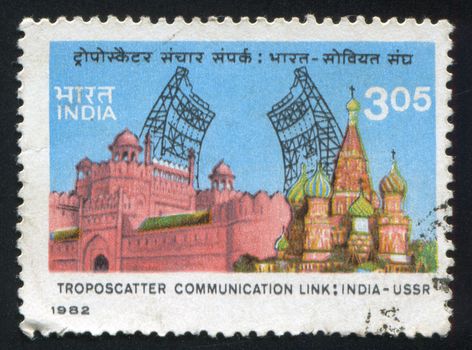 INDIA - CIRCA 1982: stamp printed by India, shows famous buildings, Saint Basil's Cathedral, Troposcatter, circa 1982