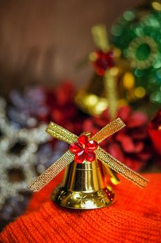 Festive Christmas golden bells photographed close-up background