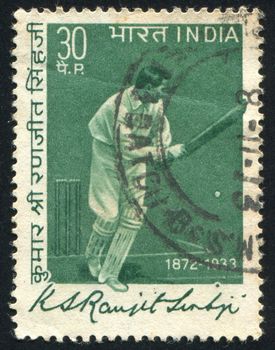 INDIA - CIRCA 1973: stamp printed by India, shows cricket player with bat, Ranjit Sinhji, circa 1973