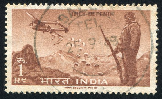 INDIA - CIRCA 1963: stamp printed by India, shows parachutes, Soldier and plane, circa 1963