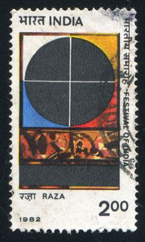 INDIA - CIRCA 1982: stamp printed by India, shows Bindu (Cosmic Spirit) painting by Raza, circa 1982