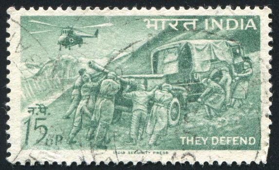 INDIA - CIRCA 1963: stamp printed by India, shows Field Artillery and Helicopter, circa 1963
