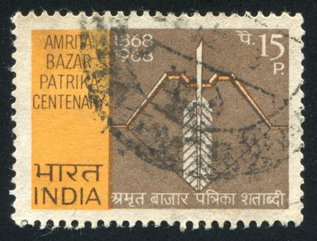 INDIA - CIRCA 1968: stamp printed by India, shows Symbolic Bow and Quill Pen, circa 1968
