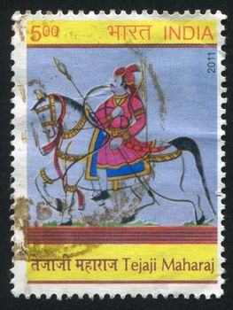 INDIA - CIRCA 2011: stamp printed by India, shows Tejaji Maharaj on a horse, circa 2011
