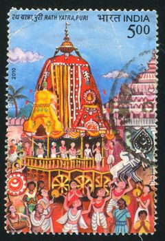 INDIA - CIRCA 2010: stamp printed by India, shows Rath Yatra, people, chariot, temple, circa 2010