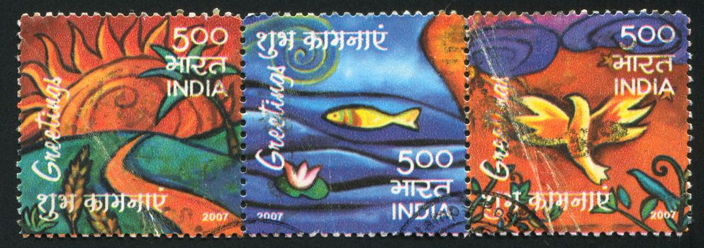 INDIA - CIRCA 2007: stamp printed by India, shows sun, fish, bird, circa 2007